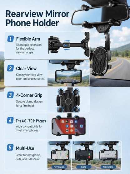 New Car Rearview Mirror Gravity Navigation Phone Holder- Universal Car Rearview Mirror Phone Mount, 360° Rotatable, One-Hand Operation, Fits 4.0"-7.0" Phones, Non-Obstructive Navigation Holder With G
