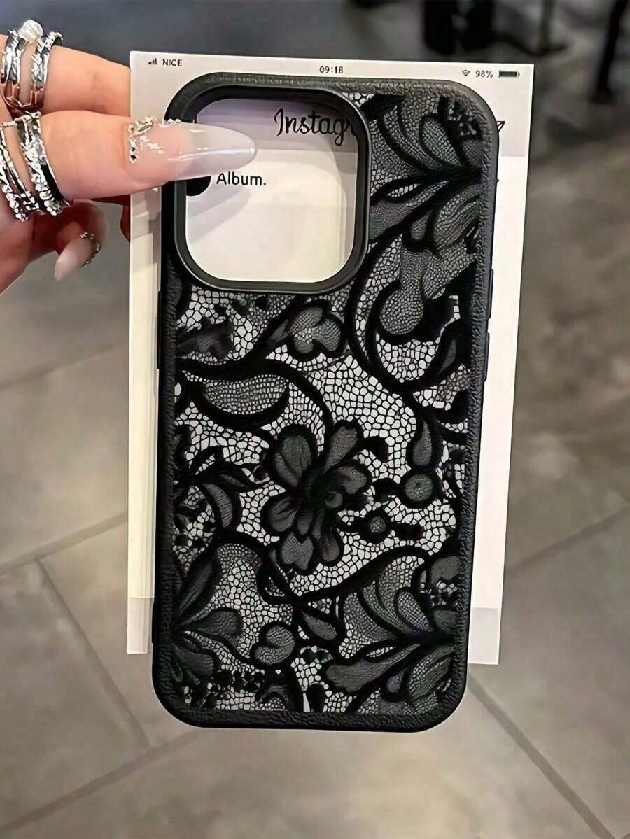New Lace Flower Painted Matte Litchi Texture Full Coverage TPU Shockproof Fashionable Phone Protective Case Compatible With Apple 11 12 13 14 15 16 17 Pro Max,Suitable For IPhone 17 Airhot,Suitable Fo