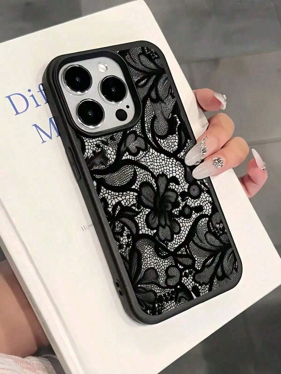 New Lace Flower Painted Matte Litchi Texture Full Coverage TPU Shockproof Fashionable Phone Protective Case Compatible With Apple 11 12 13 14 15 16 17 Pro Max,Suitable For IPhone 17 Airhot,Suitable Fo