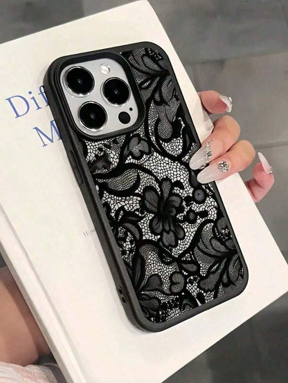New Lace Flower Painted Matte Litchi Texture Full Coverage TPU Shockproof Fashionable Phone Protective Case Compatible With Apple 11 12 13 14 15 16 17 Pro Max,Suitable For IPhone 17 Airhot,Suitable Fo