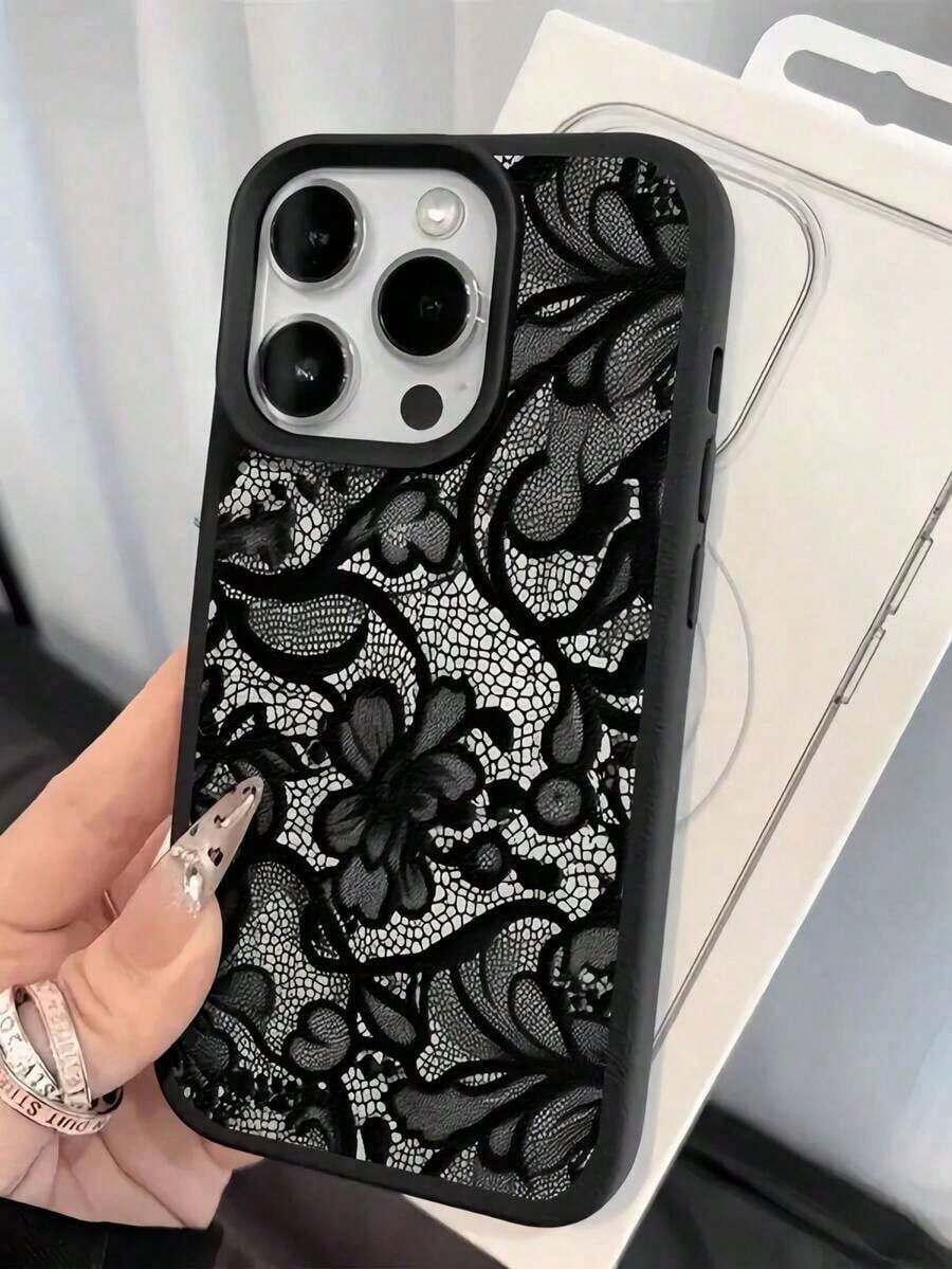 New Lace Flower Painted Matte Litchi Texture Full Coverage TPU Shockproof Fashionable Phone Protective Case Compatible With Apple 11 12 13 14 15 16 17 Pro Max,Suitable For IPhone 17 Airhot,Suitable Fo