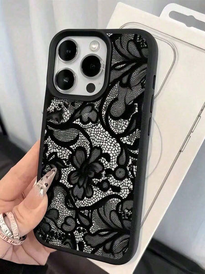 New Lace Flower Painted Matte Litchi Texture Full Coverage TPU Shockproof Fashionable Phone Protective Case Compatible With Apple 11 12 13 14 15 16 17 Pro Max,Suitable For IPhone 17 Airhot,Suitable Fo