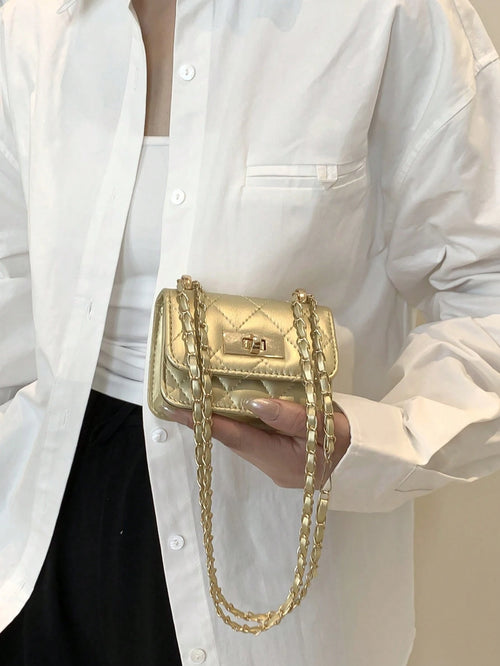 New Mini Square Bag Women Handbag Diamond Pattern Stitching Shoulder Bag Woven Chain Bag Flip Small Bag Cute Diagonal Cross-Body Bag