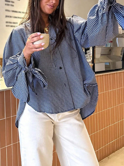 New Stylish & Elegant Vacation Bow-Tie Cuff Plaid Long Sleeve Casual Shirt, Minimalist For Commute, Daily, Tea Party, All Seasons Spring, For Women