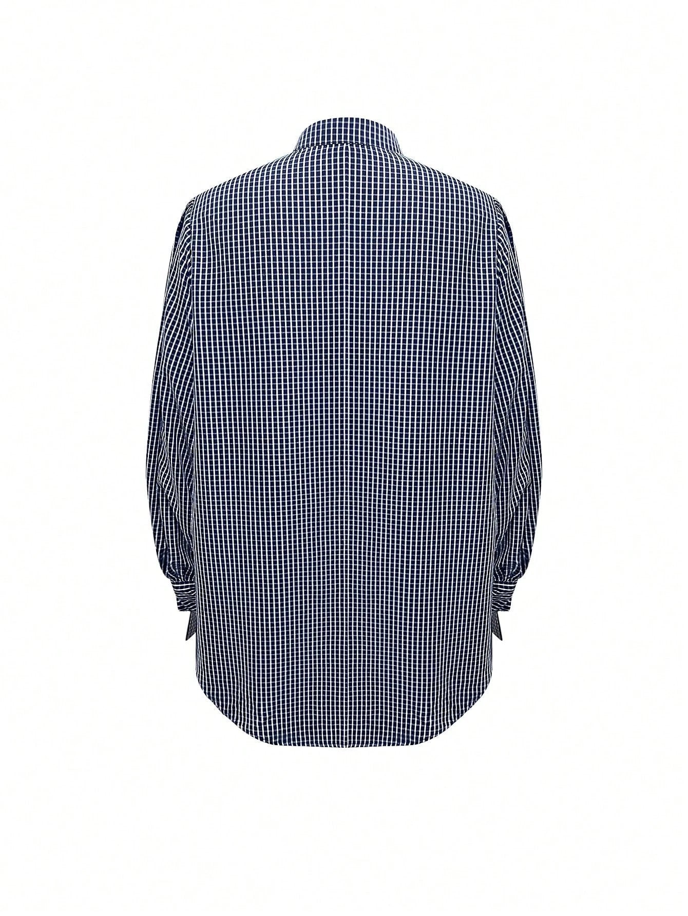 New Stylish & Elegant Vacation Bow-Tie Cuff Plaid Long Sleeve Casual Shirt, Minimalist For Commute, Daily, Tea Party, All Seasons Spring, For Women
