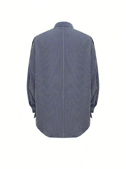 New Stylish & Elegant Vacation Bow-Tie Cuff Plaid Long Sleeve Casual Shirt, Minimalist For Commute, Daily, Tea Party, All Seasons Spring, For Women