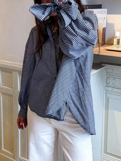 New Stylish & Elegant Vacation Bow-Tie Cuff Plaid Long Sleeve Casual Shirt, Minimalist For Commute, Daily, Tea Party, All Seasons Spring, For Women