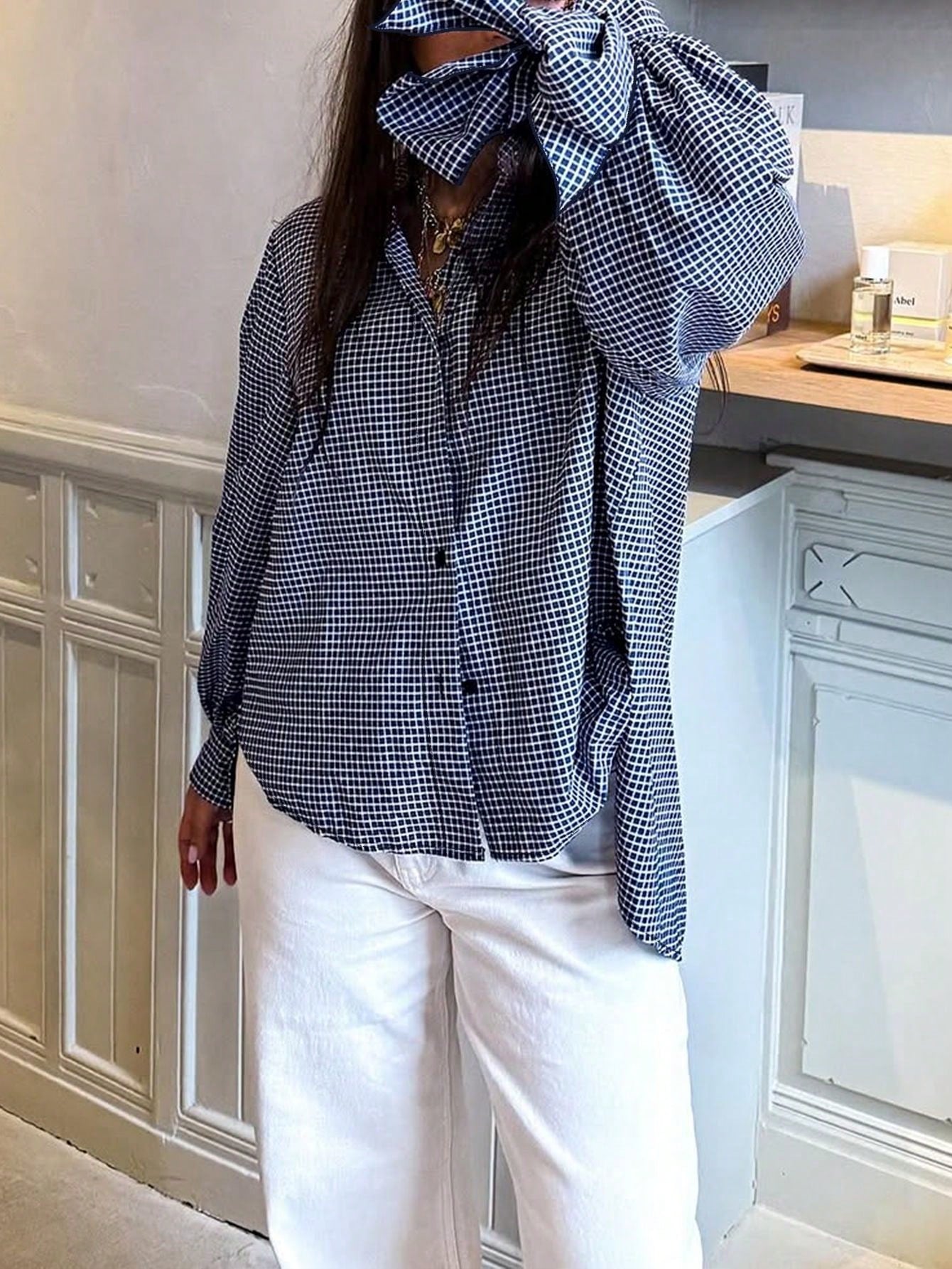 New Stylish & Elegant Vacation Bow-Tie Cuff Plaid Long Sleeve Casual Shirt, Minimalist For Commute, Daily, Tea Party, All Seasons Spring, For Women