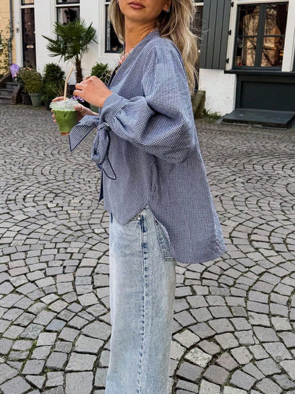 New Stylish & Elegant Vacation Bow-Tie Cuff Plaid Long Sleeve Casual Shirt, Minimalist For Commute, Daily, Tea Party, All Seasons Spring, For Women