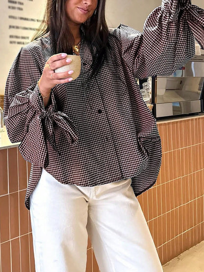 New Stylish & Elegant Vacation Bow-Tie Cuff Plaid Long Sleeve Casual Shirt, Minimalist For Commute, Daily, Tea Party, All Seasons Spring, For Women