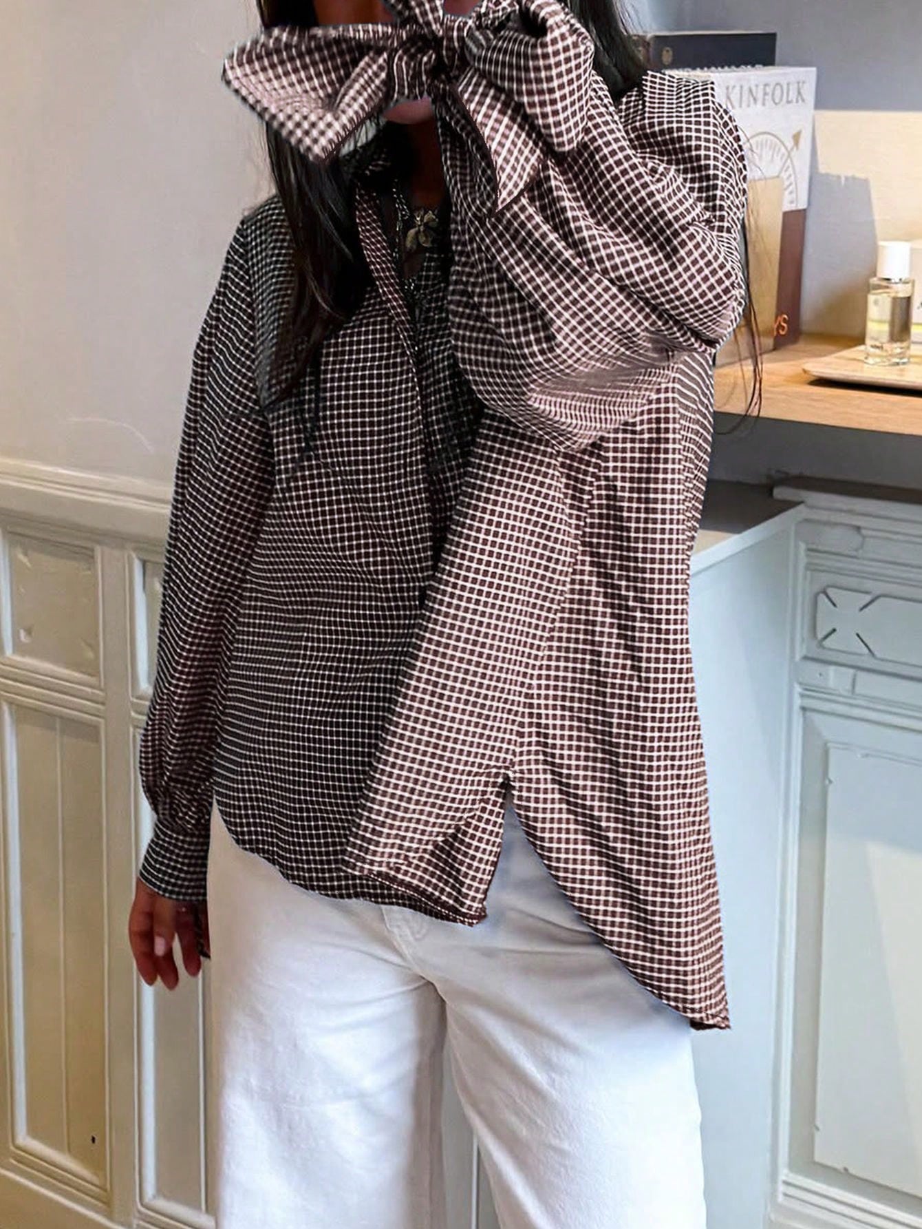 New Stylish & Elegant Vacation Bow-Tie Cuff Plaid Long Sleeve Casual Shirt, Minimalist For Commute, Daily, Tea Party, All Seasons Spring, For Women
