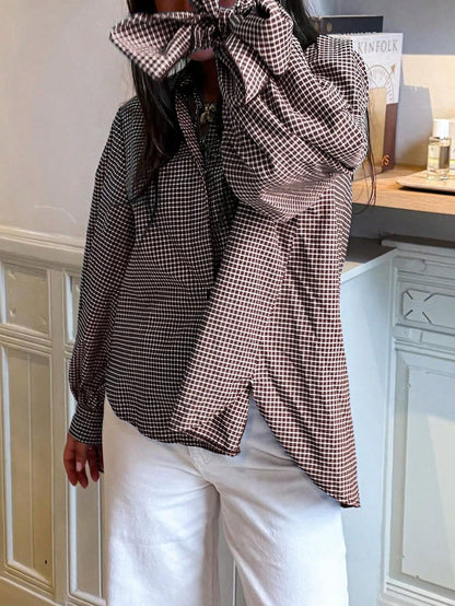 New Stylish & Elegant Vacation Bow-Tie Cuff Plaid Long Sleeve Casual Shirt, Minimalist For Commute, Daily, Tea Party, All Seasons Spring, For Women