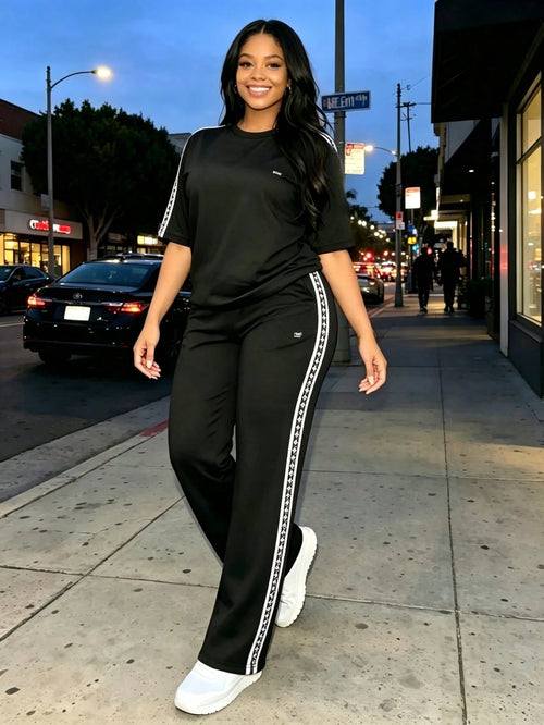 New Women'S Casual Set, Including A Long-Sleeve Solid-Color Top And Wide-Leg Pants For Spring And Summer Commuting, Two Piece Sets Women Outfits