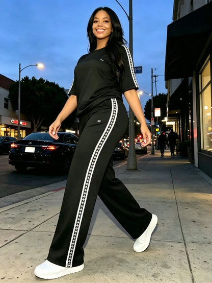 New Women'S Casual Set, Including A Long-Sleeve Solid-Color Top And Wide-Leg Pants For Spring And Summer Commuting, Two Piece Sets Women Outfits
