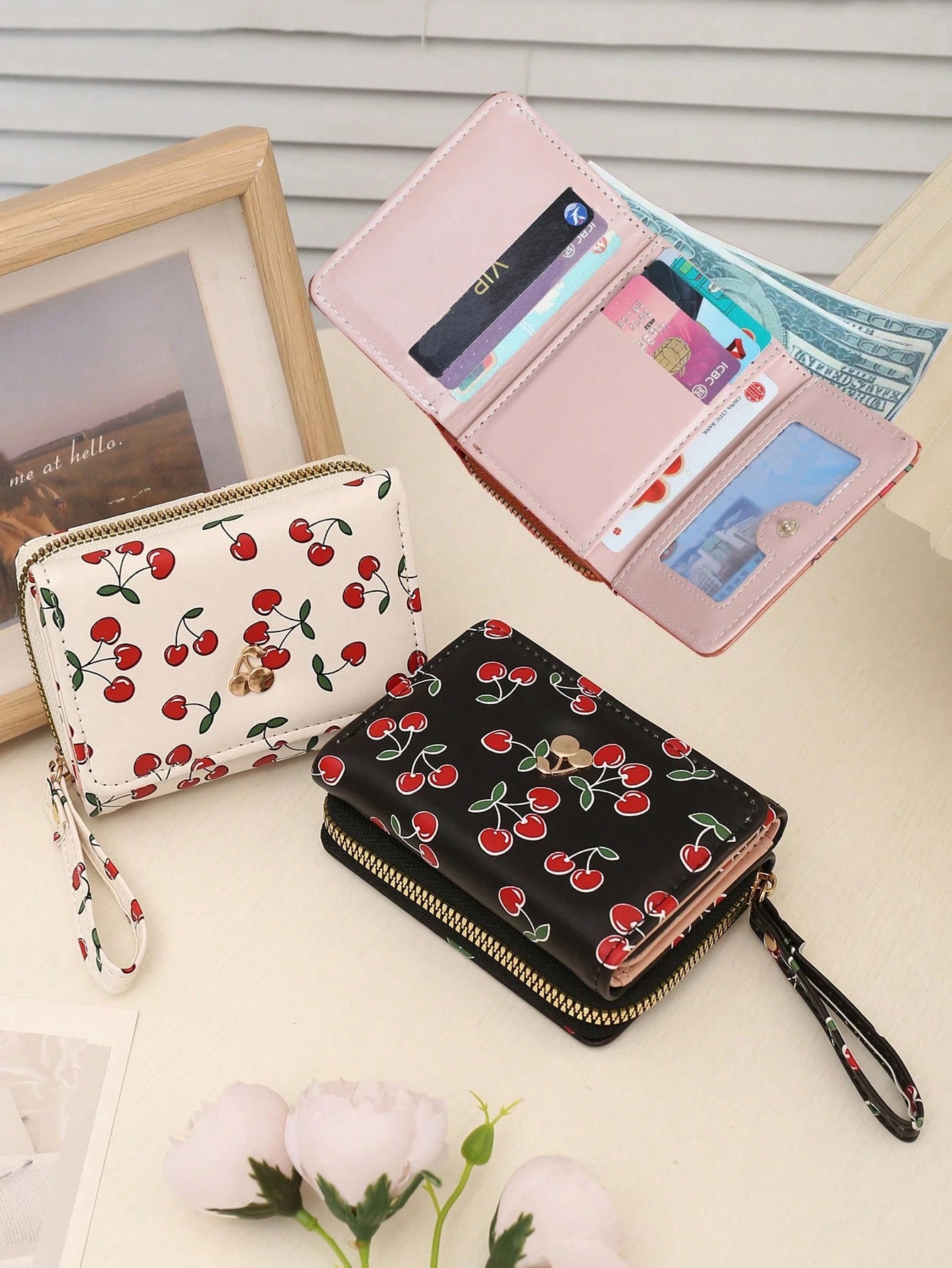 New Women's Short Wallet, Cherry Print Folding Wallet, Zipper Trifold Fashion Clutch Purse With Multiple Card Slots And Coin Pocket, Suitable For Daily Use, Back To School Gift, Birthday Gift, Women G