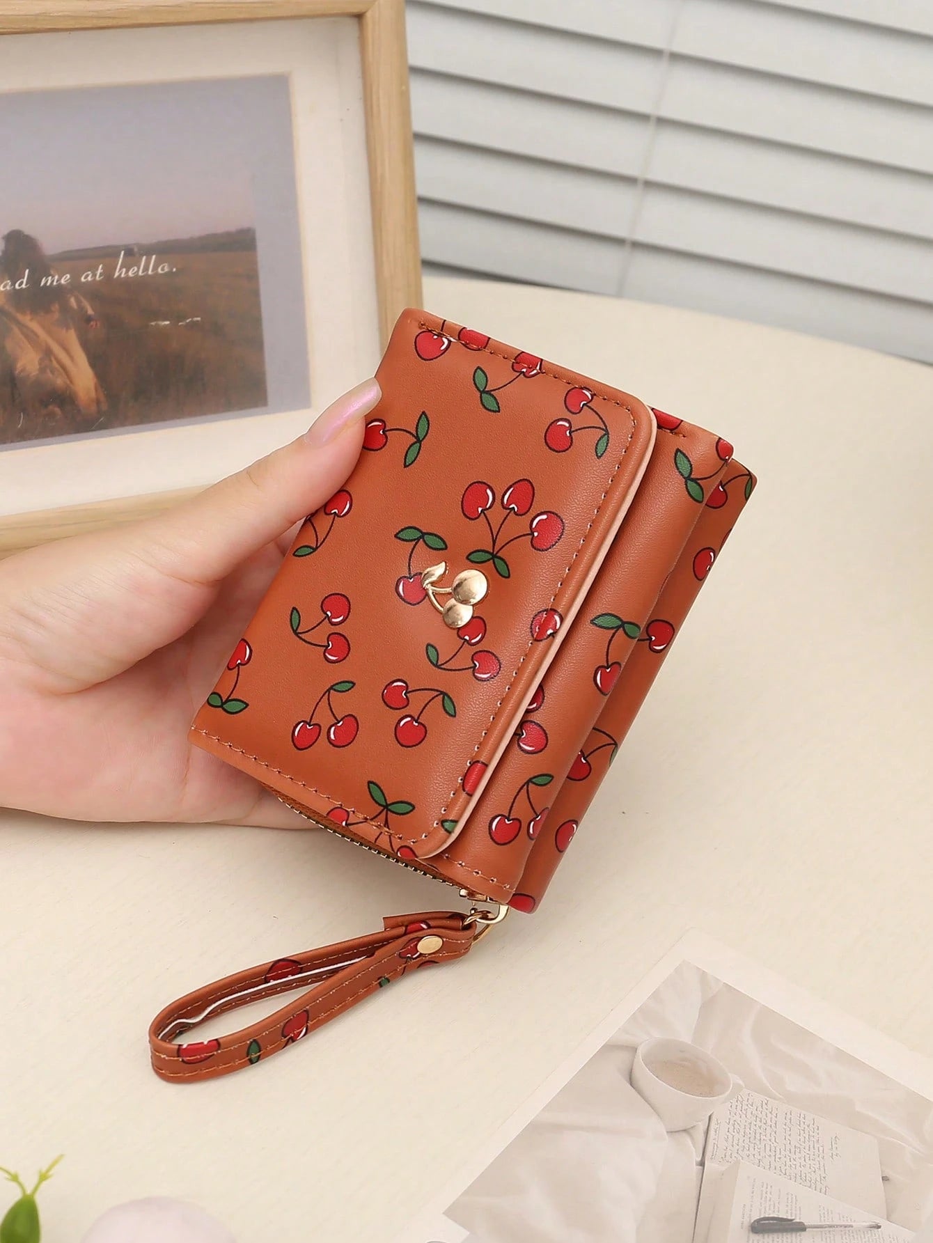 New Women's Short Wallet, Cherry Print Folding Wallet, Zipper Trifold Fashion Clutch Purse With Multiple Card Slots And Coin Pocket, Suitable For Daily Use, Back To School Gift, Birthday Gift, Women G