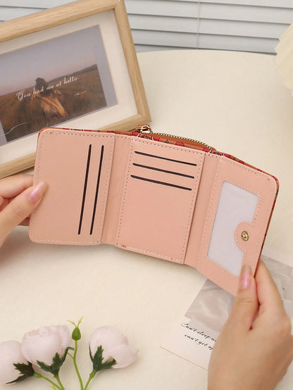 New Women's Short Wallet, Cherry Print Folding Wallet, Zipper Trifold Fashion Clutch Purse With Multiple Card Slots And Coin Pocket, Suitable For Daily Use, Back To School Gift, Birthday Gift, Women G