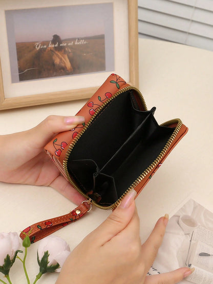 New Women's Short Wallet, Cherry Print Folding Wallet, Zipper Trifold Fashion Clutch Purse With Multiple Card Slots And Coin Pocket, Suitable For Daily Use, Back To School Gift, Birthday Gift, Women G