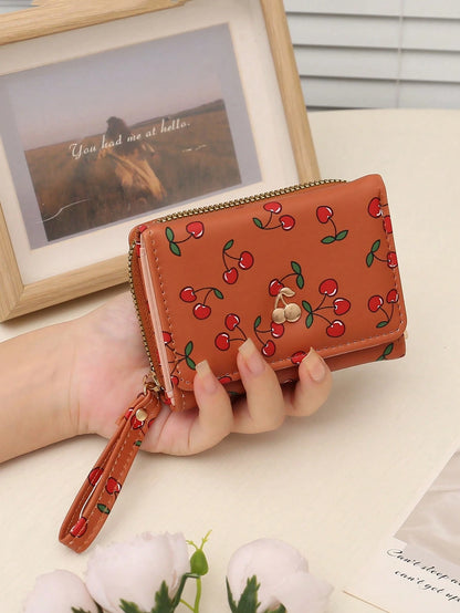 New Women's Short Wallet, Cherry Print Folding Wallet, Zipper Trifold Fashion Clutch Purse With Multiple Card Slots And Coin Pocket, Suitable For Daily Use, Back To School Gift, Birthday Gift, Women G
