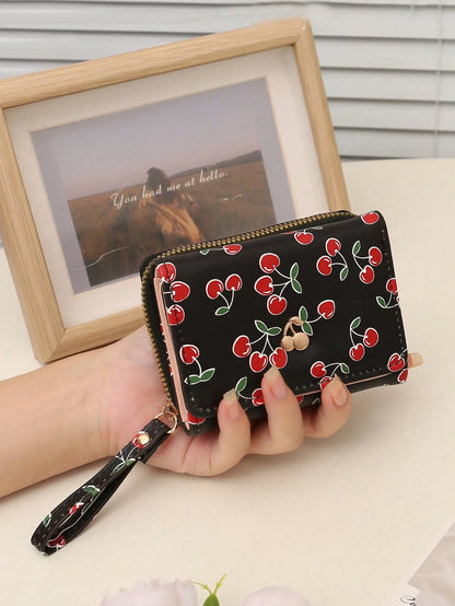 New Women's Short Wallet, Cherry Print Folding Wallet, Zipper Trifold Fashion Clutch Purse With Multiple Card Slots And Coin Pocket, Suitable For Daily Use, Back To School Gift, Birthday Gift, Women G