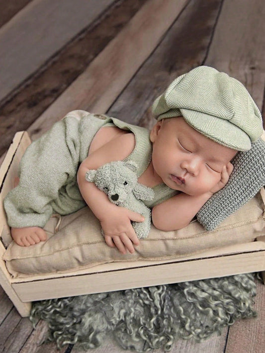 Newborn Baby Boy Photography Dual Pocket Suspender Jumpsuit & Hat