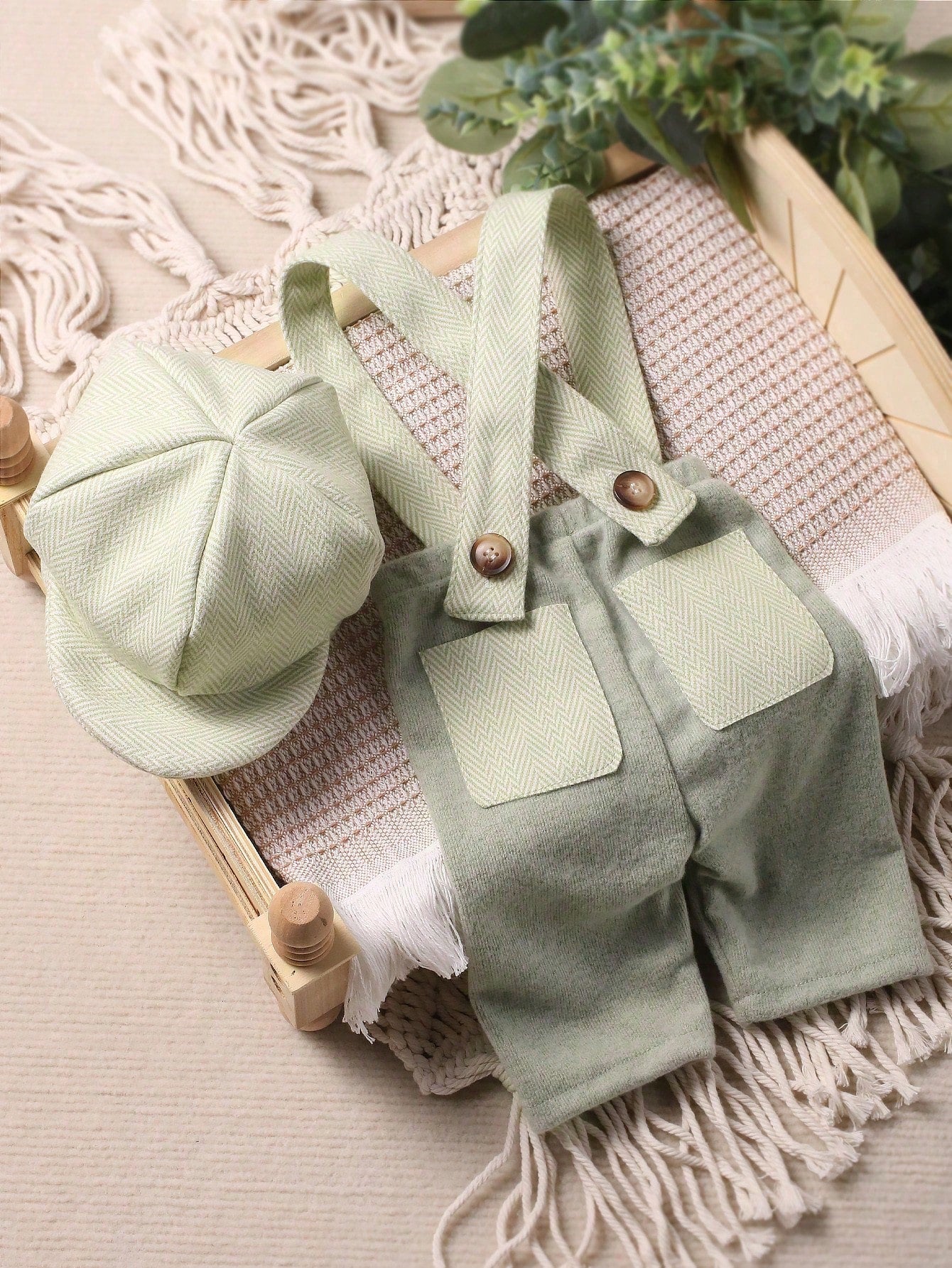 Newborn Baby Boy Photography Dual Pocket Suspender Jumpsuit & Hat