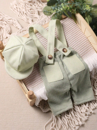 Newborn Baby Boy Photography Dual Pocket Suspender Jumpsuit & Hat