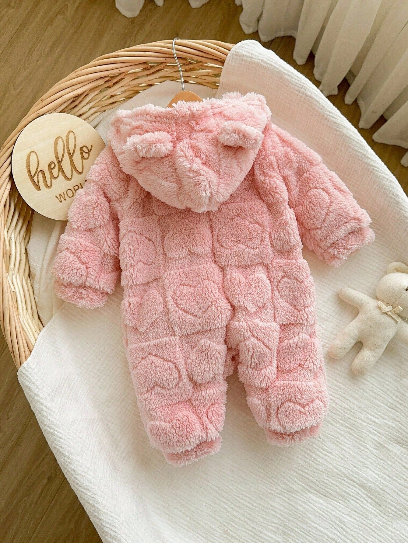 Newborn Baby Girl Cute 3D Ear Fluffy Pink Heart Pattern Zip-Up Hooded Jumpsuit, Autumn/Winter
