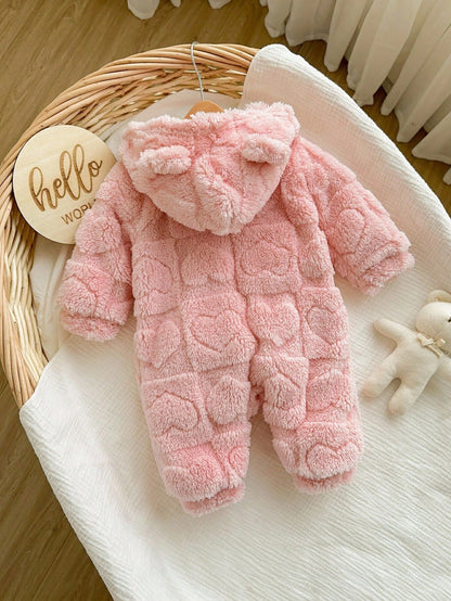 Newborn Baby Girl Cute 3D Ear Fluffy Pink Heart Pattern Zip-Up Hooded Jumpsuit, Autumn/Winter