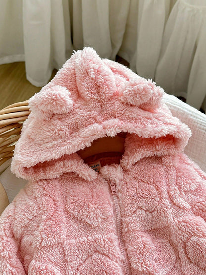 Newborn Baby Girl Cute 3D Ear Fluffy Pink Heart Pattern Zip-Up Hooded Jumpsuit, Autumn/Winter