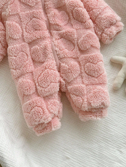 Newborn Baby Girl Cute 3D Ear Fluffy Pink Heart Pattern Zip-Up Hooded Jumpsuit, Autumn/Winter
