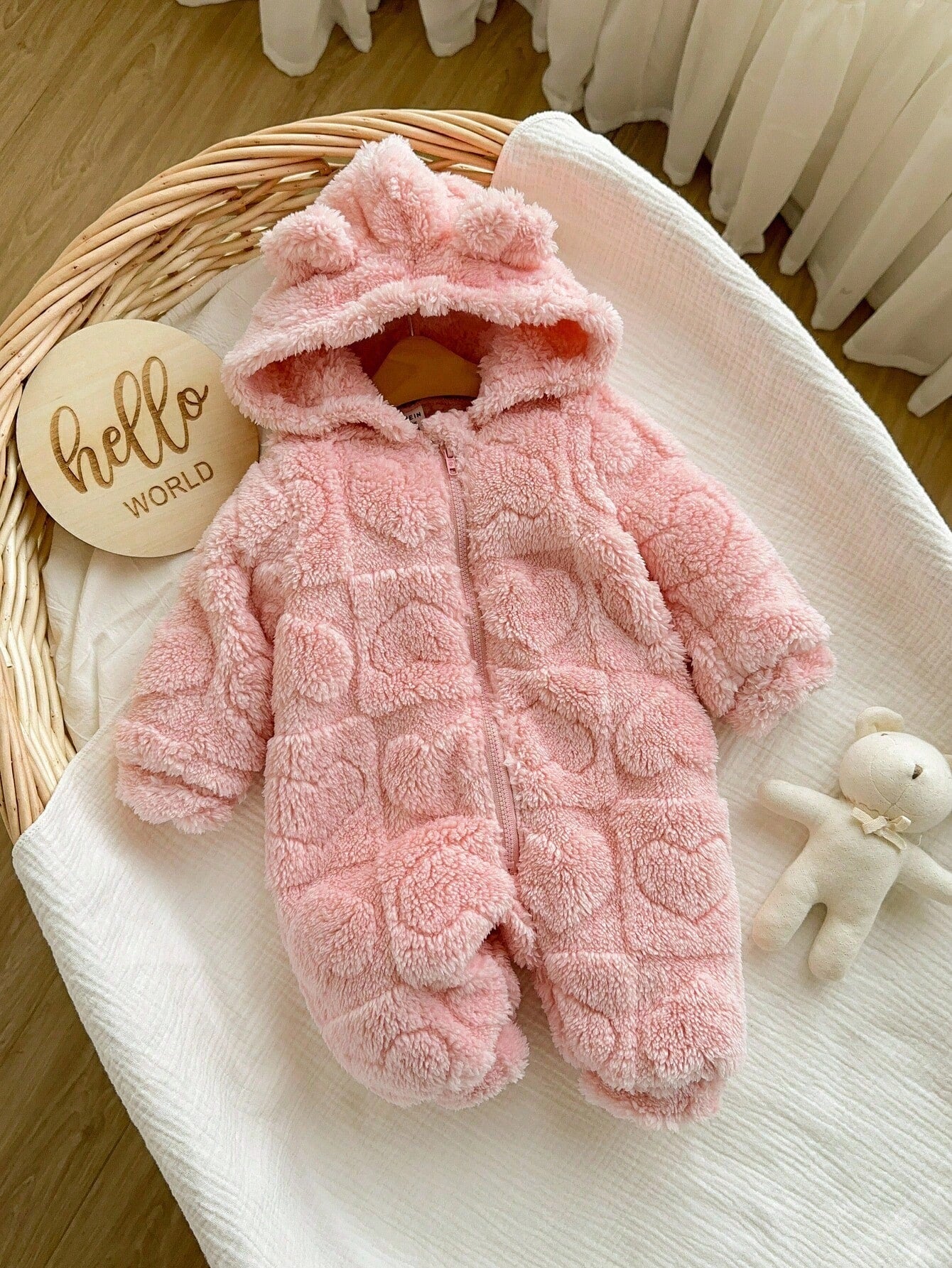 Newborn Baby Girl Cute 3D Ear Fluffy Pink Heart Pattern Zip-Up Hooded Jumpsuit, Autumn/Winter