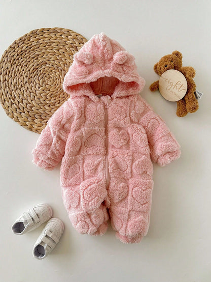 Newborn Baby Girl Cute 3D Ear Fluffy Pink Heart Pattern Zip-Up Hooded Jumpsuit, Autumn/Winter