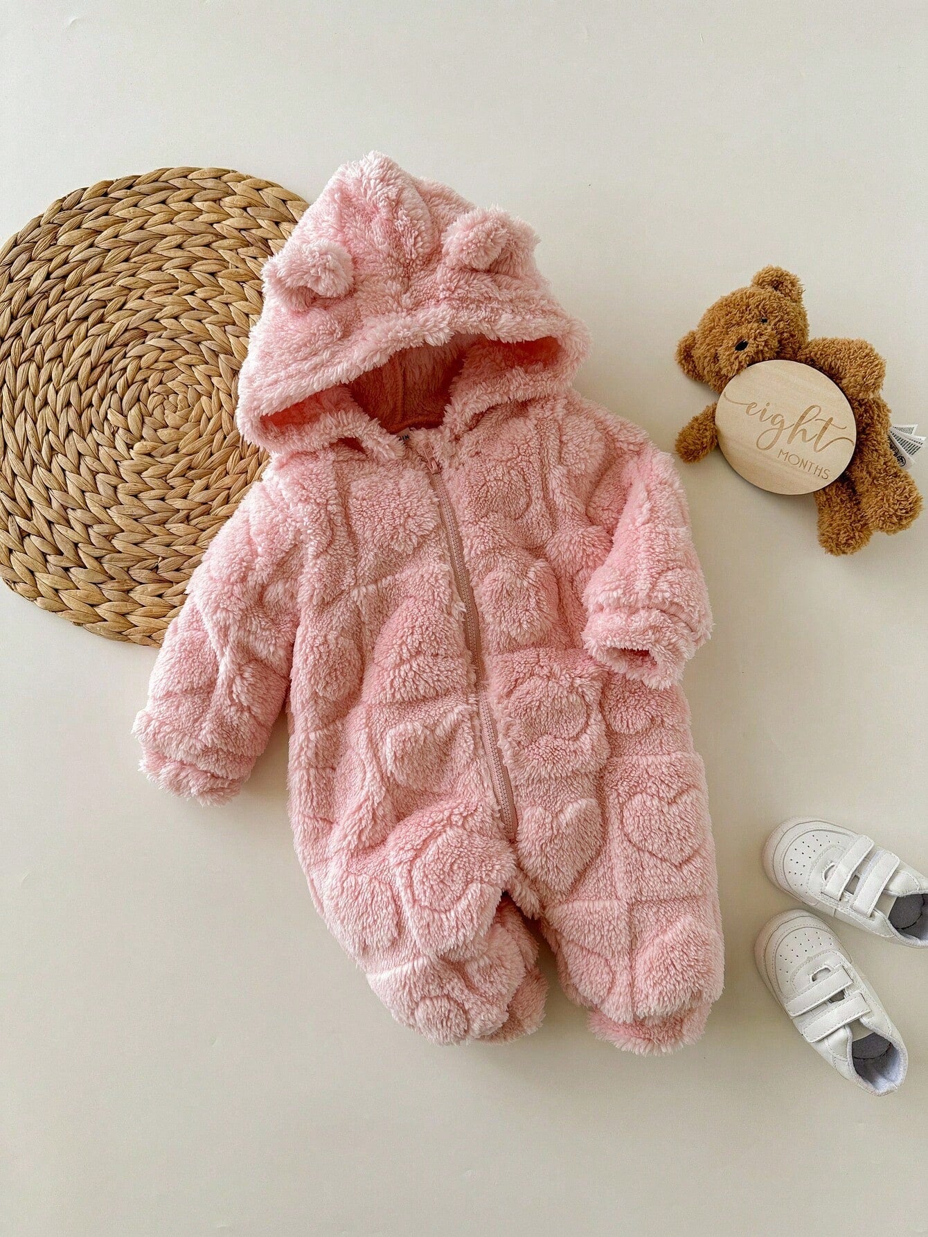 Newborn Baby Girl Cute 3D Ear Fluffy Pink Heart Pattern Zip-Up Hooded Jumpsuit, Autumn/Winter