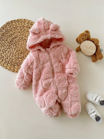 Newborn Baby Girl Cute 3D Ear Fluffy Pink Heart Pattern Zip-Up Hooded Jumpsuit, Autumn/Winter