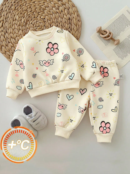 Newborn Baby Girl Loose Casual Comfortable Round Neck Cartoon Pattern Outfit Set
