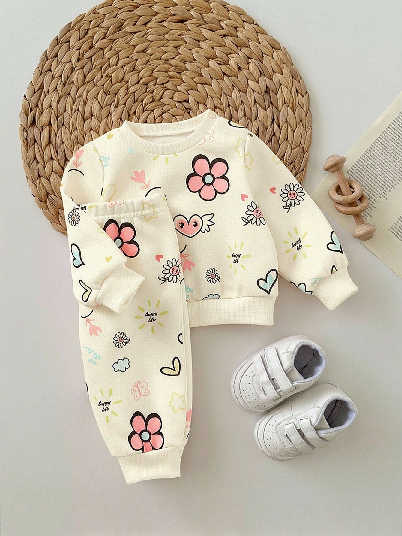 Newborn Baby Girl Loose Casual Comfortable Round Neck Cartoon Pattern Outfit Set