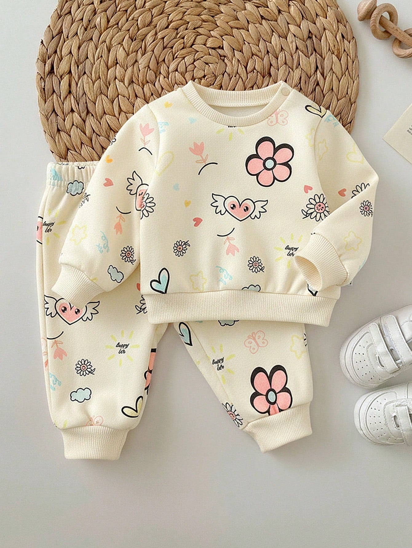 Newborn Baby Girl Loose Casual Comfortable Round Neck Cartoon Pattern Outfit Set