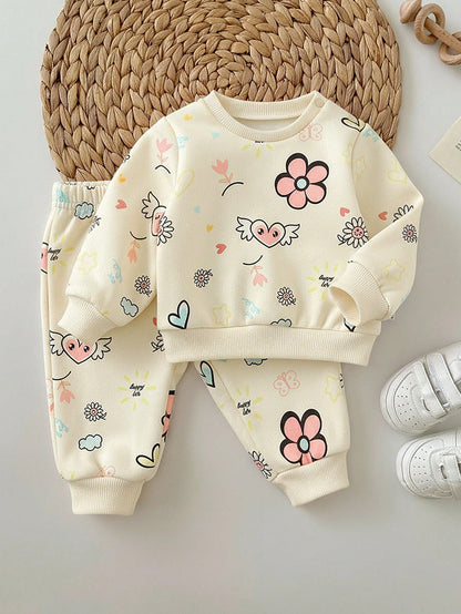 Newborn Baby Girl Loose Casual Comfortable Round Neck Cartoon Pattern Outfit Set