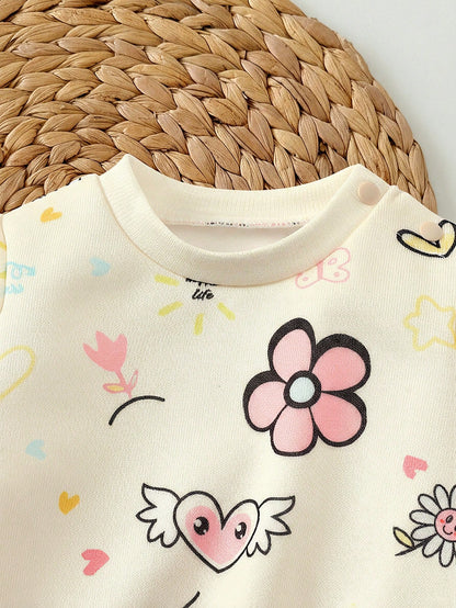 Newborn Baby Girl Loose Casual Comfortable Round Neck Cartoon Pattern Outfit Set