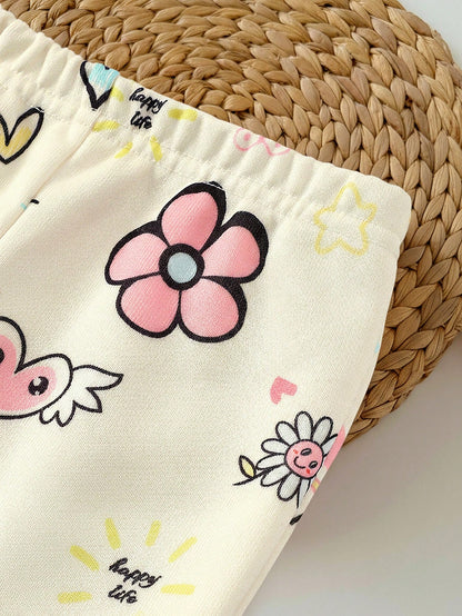 Newborn Baby Girl Loose Casual Comfortable Round Neck Cartoon Pattern Outfit Set