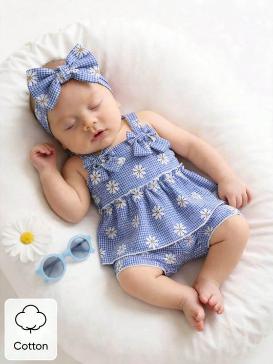 Newborn Baby Girl's Blue And White Checkered Bow-Tie Romper Set With Shorts Cute Fresh Summer Vacation Style In Shades Of Blue Photo Shoots