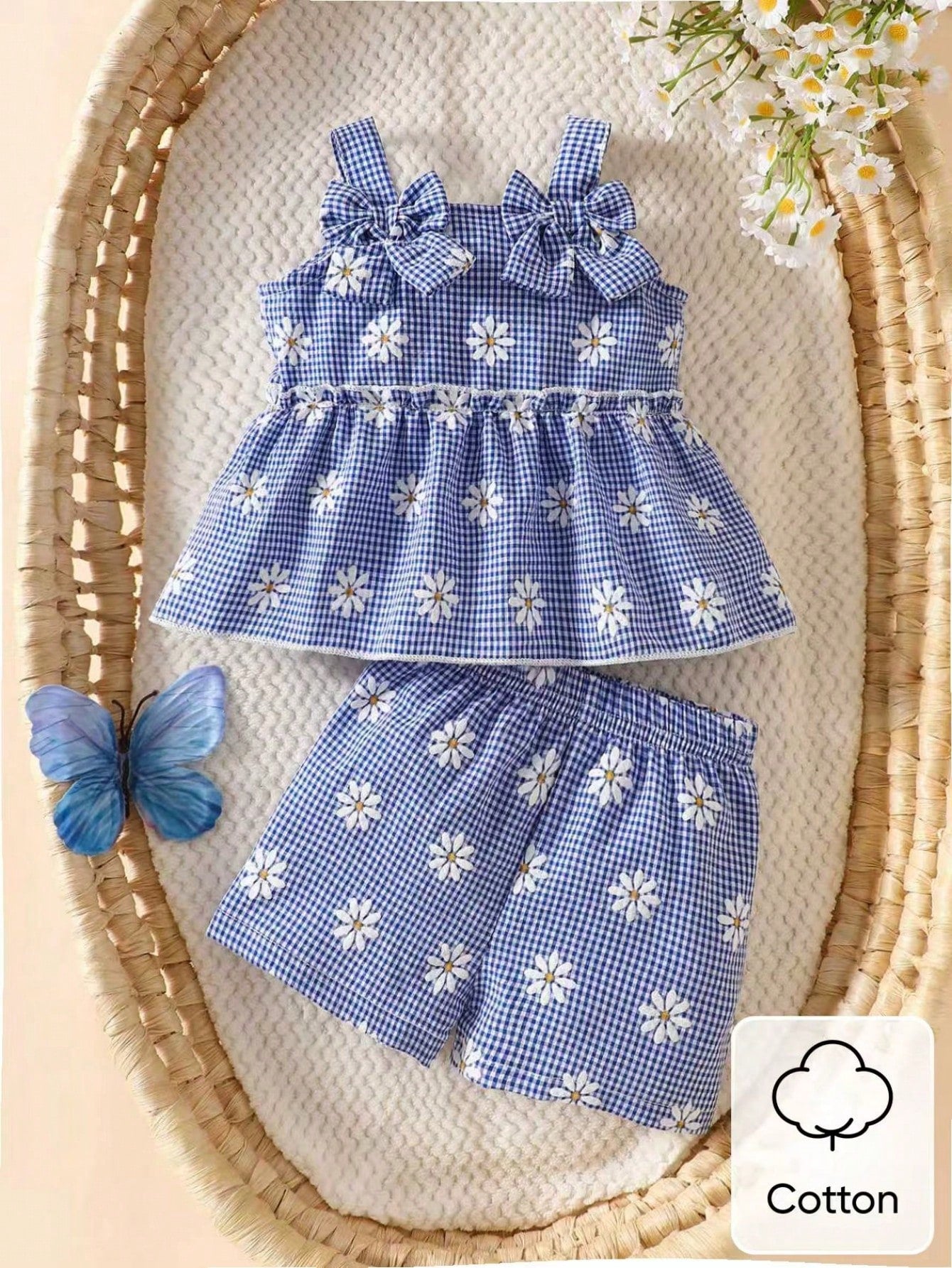 Newborn Baby Girl's Blue And White Checkered Bow-Tie Romper Set With Shorts Cute Fresh Summer Vacation Style In Shades Of Blue Photo Shoots