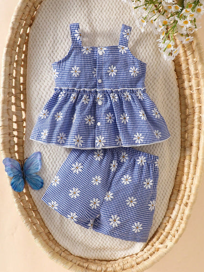 Newborn Baby Girl's Blue And White Checkered Bow-Tie Romper Set With Shorts Cute Fresh Summer Vacation Style In Shades Of Blue Photo Shoots