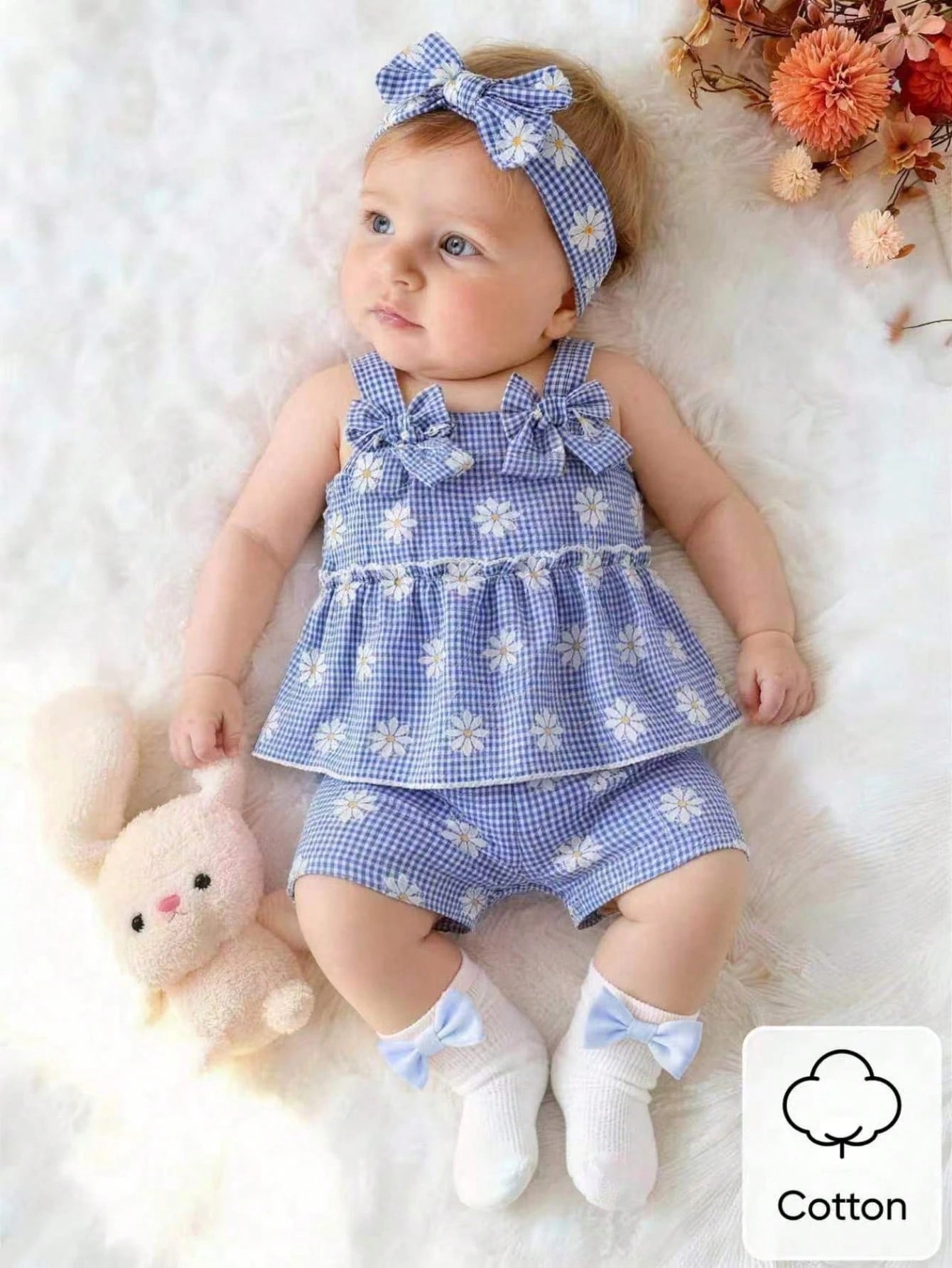 Newborn Baby Girl's Blue And White Checkered Bow-Tie Romper Set With Shorts Cute Fresh Summer Vacation Style In Shades Of Blue Photo Shoots