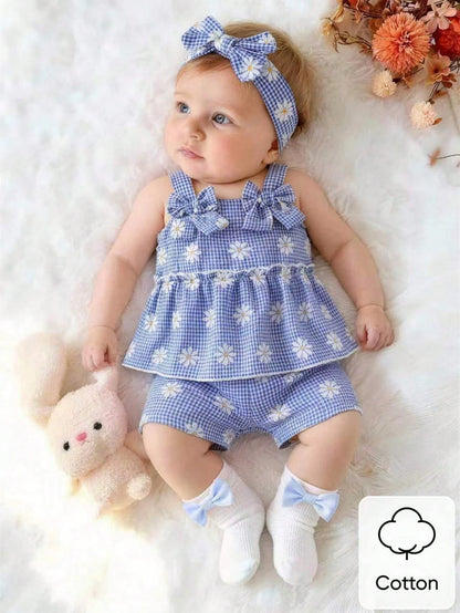 Newborn Baby Girl's Blue And White Checkered Bow-Tie Romper Set With Shorts Cute Fresh Summer Vacation Style In Shades Of Blue Photo Shoots