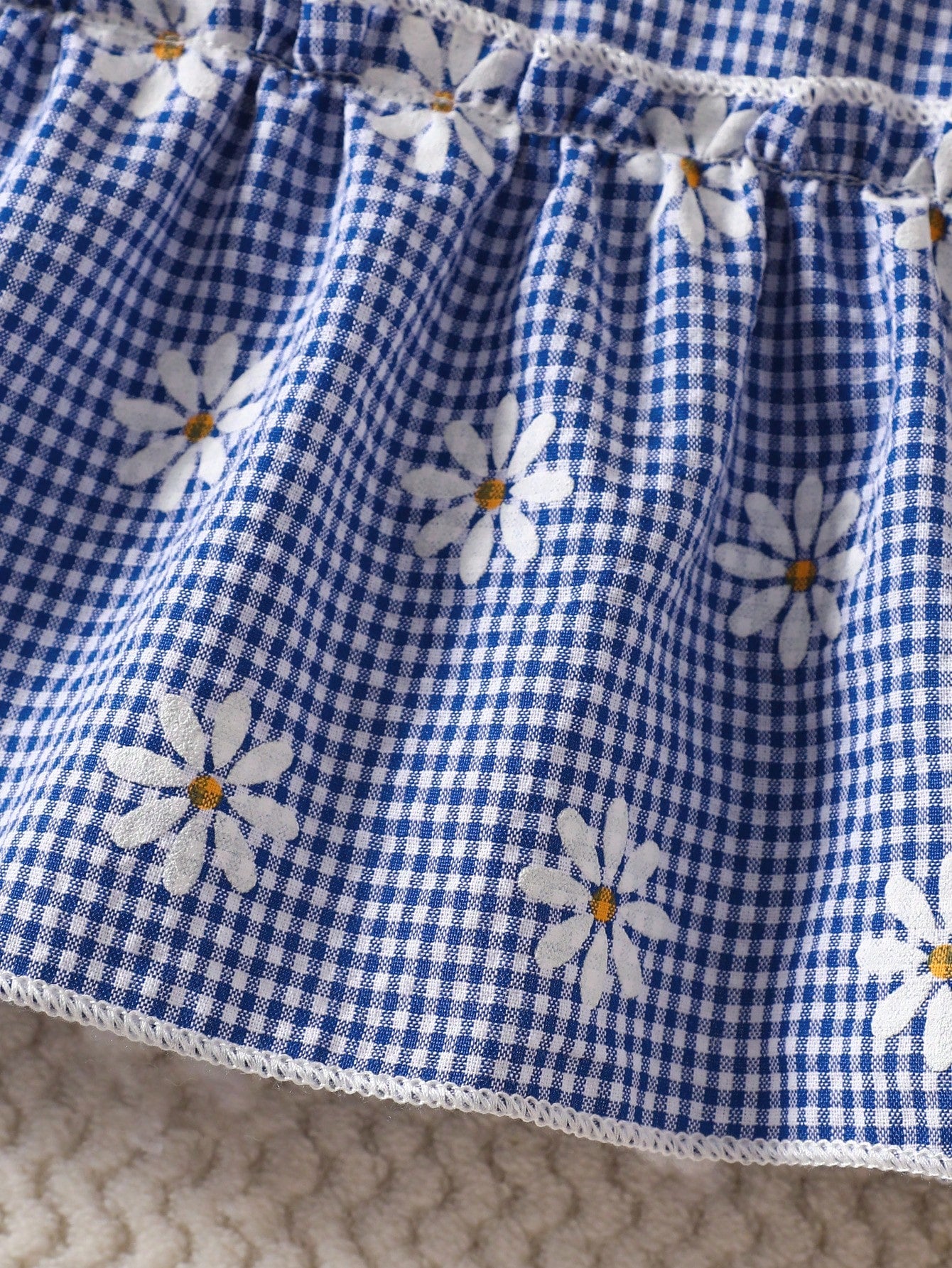 Newborn Baby Girl's Blue And White Checkered Bow-Tie Romper Set With Shorts Cute Fresh Summer Vacation Style In Shades Of Blue Photo Shoots