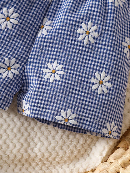 Newborn Baby Girl's Blue And White Checkered Bow-Tie Romper Set With Shorts Cute Fresh Summer Vacation Style In Shades Of Blue Photo Shoots