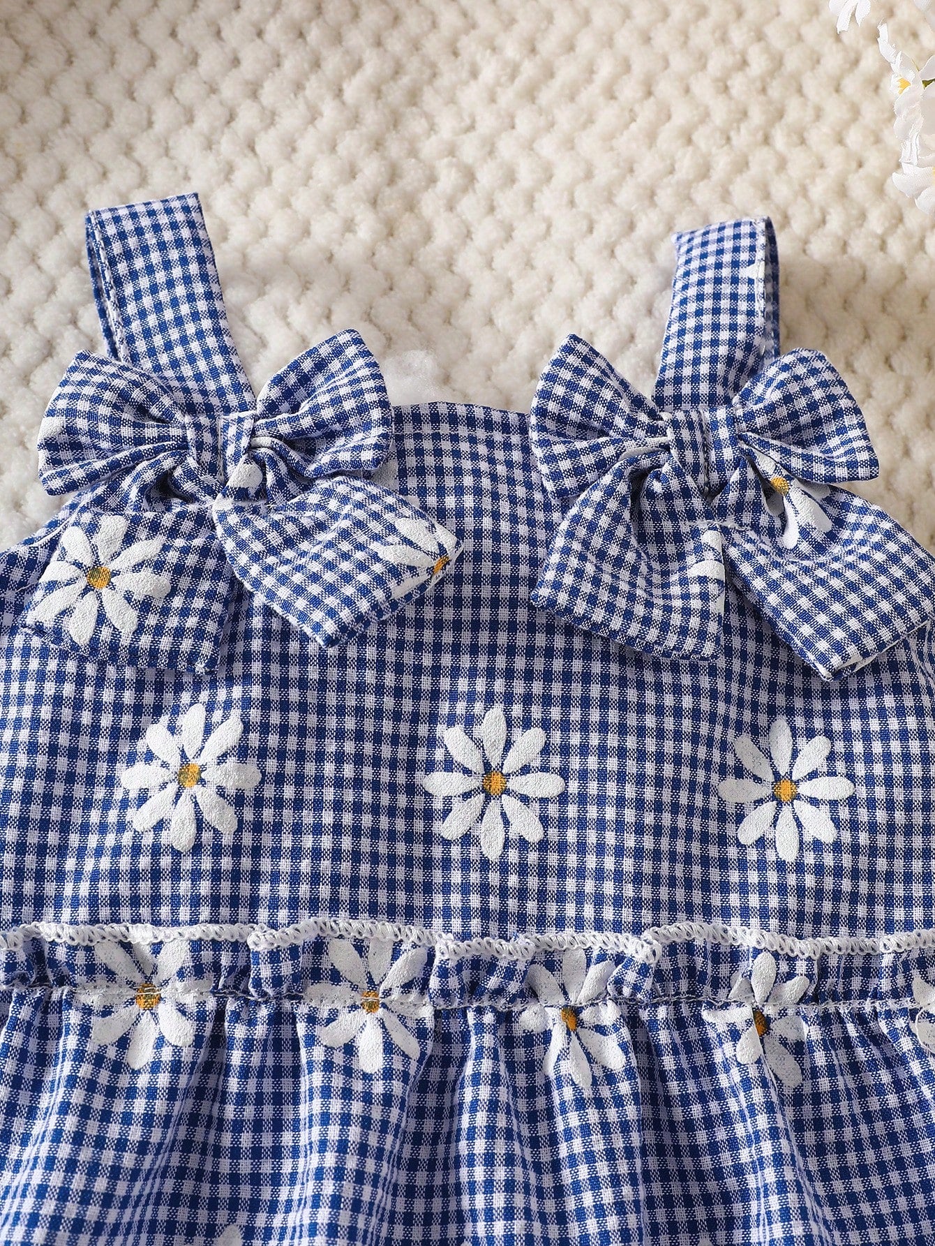 Newborn Baby Girl's Blue And White Checkered Bow-Tie Romper Set With Shorts Cute Fresh Summer Vacation Style In Shades Of Blue Photo Shoots