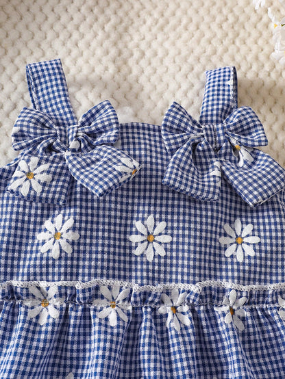 Newborn Baby Girl's Blue And White Checkered Bow-Tie Romper Set With Shorts Cute Fresh Summer Vacation Style In Shades Of Blue Photo Shoots